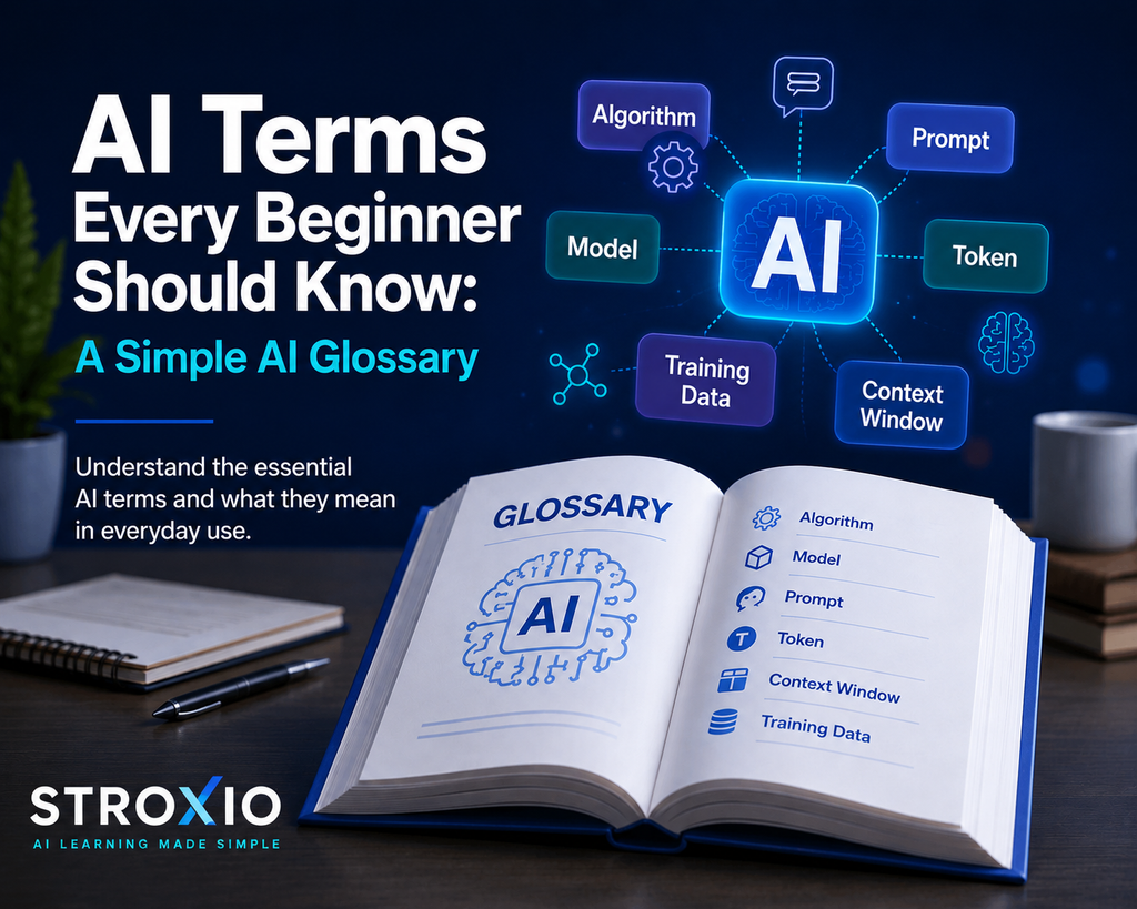 AI terms every beginner should know including prompts, tokens, models, training data, and context windows